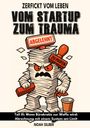 „Zerfickt vom Leben. Vom Startup zum Trauma. Abgelehnt. Zu prüfen. Teil III...“ Cartoon-Papierstapel mit Stempeln.