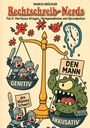 Buchtitel: "Rechtschreib-Nerds". Illustration einer Waage mit Rittern und Monstern für Genitiv und Akkusativ.