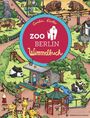 "Carolin Görtler, Zoo Berlin, Wimmelbuch." Eine bunte Illustration mit Tieren im Zoo und fröhlichen Besuchern.