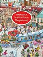 "WIMMELBUCH ShopVille-Zürich Hauptbahnhof" in rotem Oval, belebte Szene mit Tram, Zug und vielen Menschen im urbanen Umfeld.