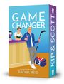 „GAME CHANGER“ und „RACHEL REID“. Zwei Männer an einer Theke; einer hält einen Hockeyschläger und Drink. Illustration.