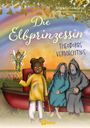 "Die Elbprinzessin: Theodoras Vermächtnis." Oben ein Regenbogen, unten ein Kind mit feeähnlicher Figur, ältere Personen.
