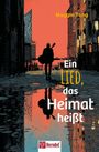 „Ein Lied, das Heimat heißt“ von Maggie Tong. Illustration: Silhouette mit Gitarre in einer städtischen Straße bei Sonnenuntergang.