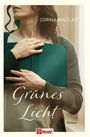 Oben steht "CORINA MINZLAFF", darunter "Grünes Licht". Unten rechts ist "Roman". Eine Frau hält ein geschlossenes Buch.