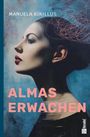 Text: "MANUELA KIKILLUS", "ALMAS ERWACHEN". Illustration: Seitliches Profil einer Frau vor blauem Hintergrund.
