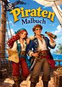 „Piraten Malbuch“; Illustrationen von einem Piratenpaar auf einem Schiff, mit Schatzkarte und Fernrohr, Meereshintergrund.