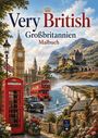 "Very British. Großbritannien Malbuch." Illustration: Big Ben, roter Doppeldeckerbus, Telefonzelle, Landschaft mit Burg.