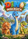 Text: "DINO MALBUCH". Drei fröhliche Dinosaurier vor Vulkan, Wasserfall und Palmen in einer lebhaften Landschaft.