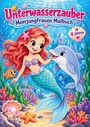 „Unterwasserzauber Meerjungfrauen Malbuch, ab 4 Jahren“. Eine bunte Illustration mit Meerjungfrau, Delfin und Fisch.