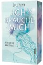 "Ich brauche mich" von Jule Pieper. "Wer bin ich ohne Stress?" Illustration: Frau mit fließendem Haar vor blauen Aquarellflecken.
