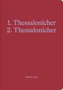 1. Thessalonicher, 2. Thessalonicher oben. "Bibeljournal" unten. Roter Hintergrund, klare, elegante Schrift.