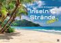 Texte: "Plätze zum Entspannen", "Inseln & Strände 2027". 

Palmenstrand mit türkisblauem Meer und grünem Hügel im Hintergrund.