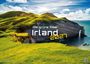 Text: "Die grüne Insel Irland 2027." Darstellung von grünen Hügeln, Klippen und blauem Himmel am Meer, mit QR-Code.