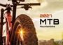 Text: "2027 MTB Mountainbike". Ein Mountainbike mit einem großen Reifen, Sonnenaufgang oder -untergang im Hintergrund.