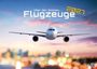 „Über den Wolken… Flugzeuge 2027“ in Weiß und Gelb. Flugzeug fliegt frontal vor farbenfrohem Sonnenuntergang.