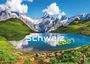 Schweiz 2027 in weiß, gelb auf Landschaft mit See, grünen Hügeln, schneebedeckten Bergen, blauem Himmel und Wolken.
