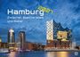 „Hamburg 2027 – Zwischen Speicherstadt und Alster“. Abendliches Panorama mit Gebäuden, darunter die beleuchtete Elbphilharmonie.