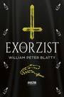 Text: "DER EXORZIST" von "WILLIAM PETER BLATTY", "FESTA CLASSICS". Umgekehrtes Kreuz, Rosenkranz, kleine Flaschen.