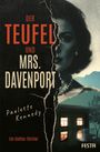 „Der Teufel und Mrs. Davenport“ in roter und beiger Schrift, mit einem gespaltenen Gesicht einer Frau und einem beleuchteten Haus.