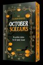 "Neue Halloween-Geschichten. October Screams. Die perfekte Lektüre für die Spooky Season! Illustration mit Kürbissen."