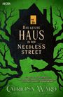 „Das letzte Haus in der Needless Street“. Dunkles Haus vor grünem Hintergrund, Silhouette einer Katze auf einem Ast.
