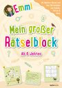 Emmi, Mein großer Rätselblock, Ab 6 Jahren. Bunte Schrift, kindliche Illustrationen, Rätselaufgaben, Tiere. GerthMedien-Logo.