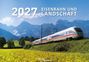 "2027 Eisenbahn und Landschaft". Ein moderner Zug fährt durch eine grüne Landschaft vor majestätischen Bergen.