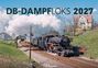 Oben steht "DB-DAMPFLOKS 2027". Darunter fährt eine schwarze Dampflokomotive auf einem Gleis durch eine grüne Landschaft.