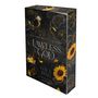 "Lawless God" von Lola King, Dark Romance. Sonnenblume, schwarze Rosen, goldene Kette und Ringe schmücken den Umschlag.