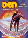 „DEN“, „Richard Corben“, „Kinder des Feuers“. Eine Person trägt eine andere vor einem fantastischen Sonnenuntergang.