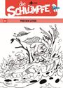 Text: "44", "Preview-Cover", "die Schlümpfe". Schwarz-weiße Illustration von drei Schlümpfen auf einem Blatt im Wasser.