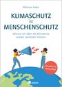 Michael Adler, KLIMASCHUTZ ist MENSCHENSCHUTZ; Illustration: zwei Figuren mit Megafon auf einem Globus, Text: aktualisierte Neuauflage.