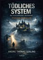 „TÖDLICHES SYSTEM“, „Wer nicht funktioniert, verschwindet“. Eine dunkle Burg mit Suchscheinwerfern und einem einsamen Mann.