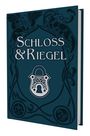 Text "Schloss & Riegel", stilvolles Vorhängeschloss-Design, umrahmt von dekorativen Ketten und Tiermotiven.