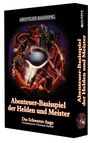Text: "ABENTEUER-BASISSPIEL", "Abenteuer-Basis Spiel der Helden und Meister", "Das Schwarze Auge Fantastische Fantasie-Spiele". Illustration: Helden in Rüstung kämpfen gegen Drachen und Kreaturen, dramatische Szene.