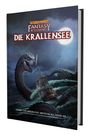 „Warhammer Fantasy Rollenspiel: Die Krallensee“, darunter ein Seeungeheuer, das ein Schiff umschlingt, bei Nacht.