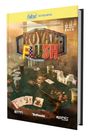 "Royal Flush" steht groß in Neonbuchstaben. Ein Spieltisch mit Karten, Chips und leeren Gläsern ist chaotisch dargestellt.