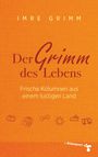 "Der Grimm des Lebens. Frische Kolumnen aus einem lustigen Land." Orange Hintergrund, kleine Illustrationen: Brot, Rucksack, Fliege, Sonne, Kuchen, Bus.