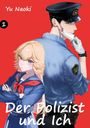 "Yu Naoki, 1, Der Polizist und Ich." Illustration eines Polizisten und eines Mädchens vor rotem Hintergrund.