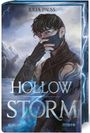 Texte: "JULIA PAUSS", "HOLLOW STORM", "ROMAN", "more". Illustration: Junge mit Maske, Berge, stürmischer Himmel.