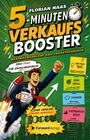 „5-Minuten Verkaufsbooster“, kräftige Farben, Mann im Anzug mit Rakete, Uhr, bunte Notizen.