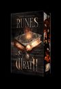 Titel: "Runes & Wrath: Chronicles of the Beyond". Ein altertümliches Buch mit mystischem Leuchten auf Holztisch.
