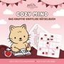 "Cozy Mind: Das knuffig-kniffelige Rätselbuch. Illustration: Katze rätselt, pinker Hintergrund, Wolken, Herzen."