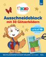 „Ausschneideblock mit 30 Glitzerbildern“ steht in funkelndem Text. Ein fröhlicher Biber in blauer Hose breitet die Arme aus.