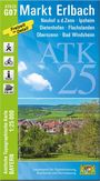 Kartentitel "Markt Erlbach" mit umliegenden Ortschaften. Landschaft: Dorf mit bewaldeten Hügeln im Hintergrund.