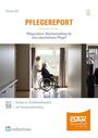 Text: Pflegebericht über Reformen. Pflegekraft schiebt eine Person im Rollstuhl auf einen sonnigen Balkon.