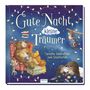 "Gute Nacht, kleine Träumer" oben in großer Schrift. Eine Bärenfamilie kuschelt auf einem Sessel. Sternenhimmel im Hintergrund.