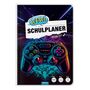 "Wow! Mein wissenswert organisierter Wochen-Schulplaner 2026/27." Illustration eines Gamecontrollers in Neonfarben.
