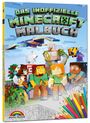 "Das inoffizielle Minecraft Malbuch." Klötzchenfiguren in Minecraft-Look, bunte Bleistifte, wolkiger Himmel, blauer Hintergrund.