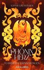 "Sophie Grossalber: Phönix Herz, Flammende Erinnerungen, Alea Libris." Ein Phönix aus Flammen umgeben von goldenen Verzierungen.